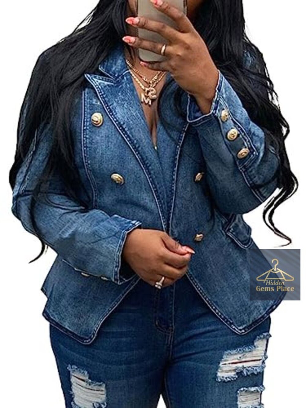 Women's Denim Blazer Long Sleeve Double Breasted Business Casual